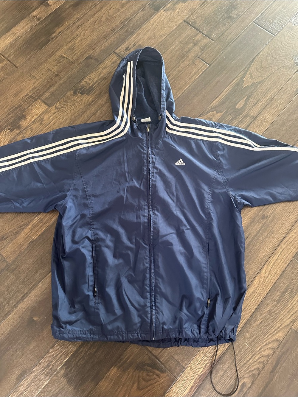 Adidas Navy 3-Stripes Hooded Windbreaker – Size Large